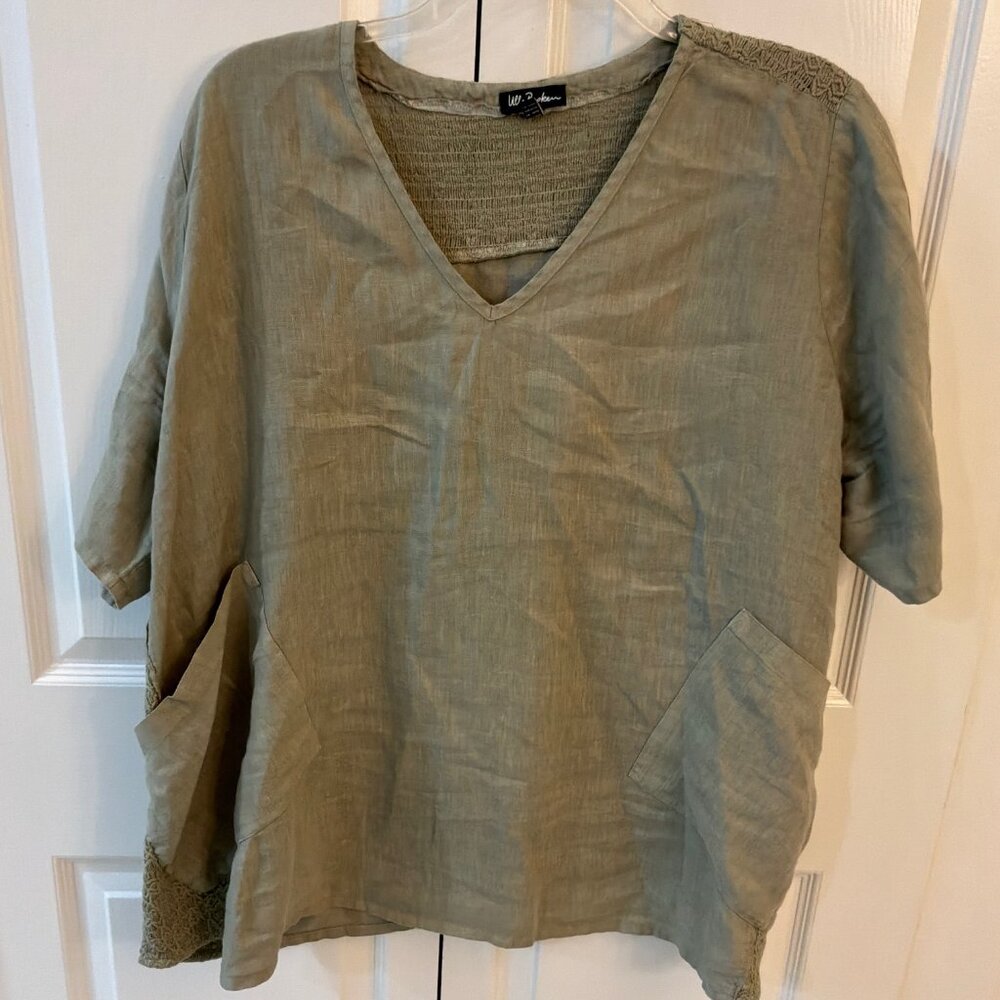 Size 3x Olive Green Linen V-neck Top by Ulla Popken